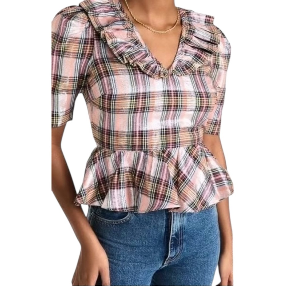 New Saylor Ilene Metallic Ruffle Peplum Puff‎ Sleeve Blouse Pink Plaid Print L